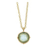 24k gold-plated chain necklace with a round, pale blue Venetian glass fleur-de-lis intaglio pendant.