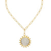 24k gold-plated paperclip chain necklace featuring a silver Malta coin pendant with a beaded gold sunburst border.