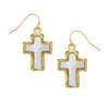 Gold-plated cross earrings featuring white mother of pearl inlay on wire hooks, 1.5 inches long.