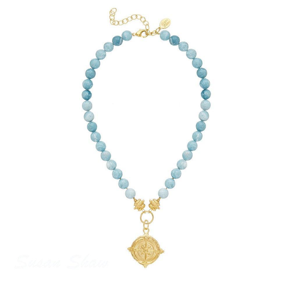 Blue Jasper & Gold Compass Pendant Necklace