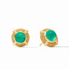 Gold cabochon stud earrings with vibrant green stones.