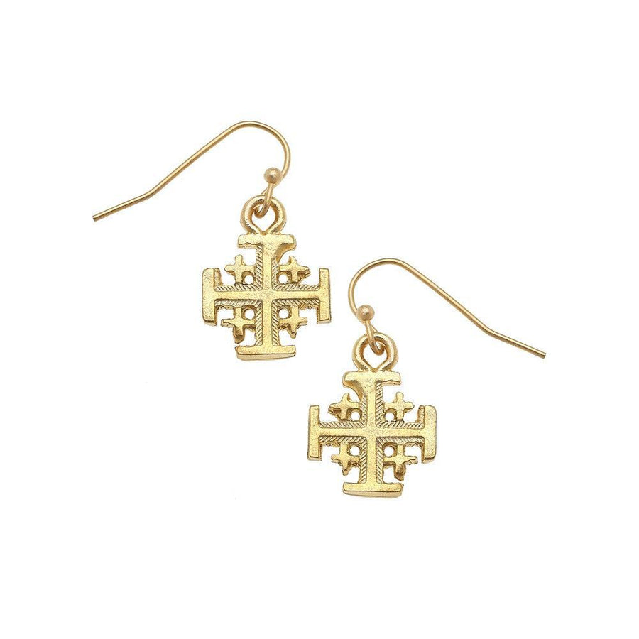 Gold Multi Cross Wire Earrings: Elegant gold Jerusalem cross dangle earrings.