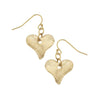 Gold Hammered Heart dangle earrings with textured finish.