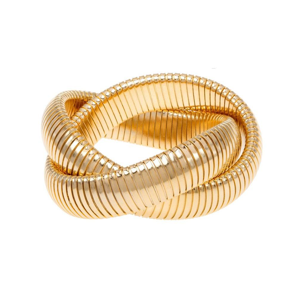 Gold double cobra bracelet, large size, ribbed texture