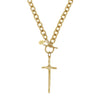 Gold long cross pendant necklace with toggle clasp on a chunky chain