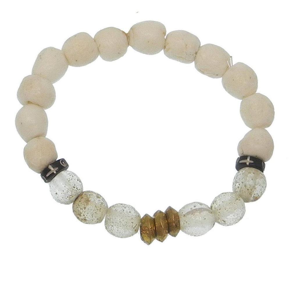 Off-white beaded meditation bracelet with frosted glass & brass accents.