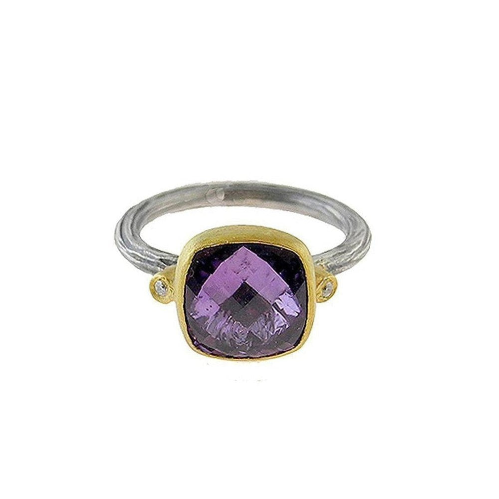 Amethyst ring with diamond accents, cushion-cut purple gemstone, gold & silver band.