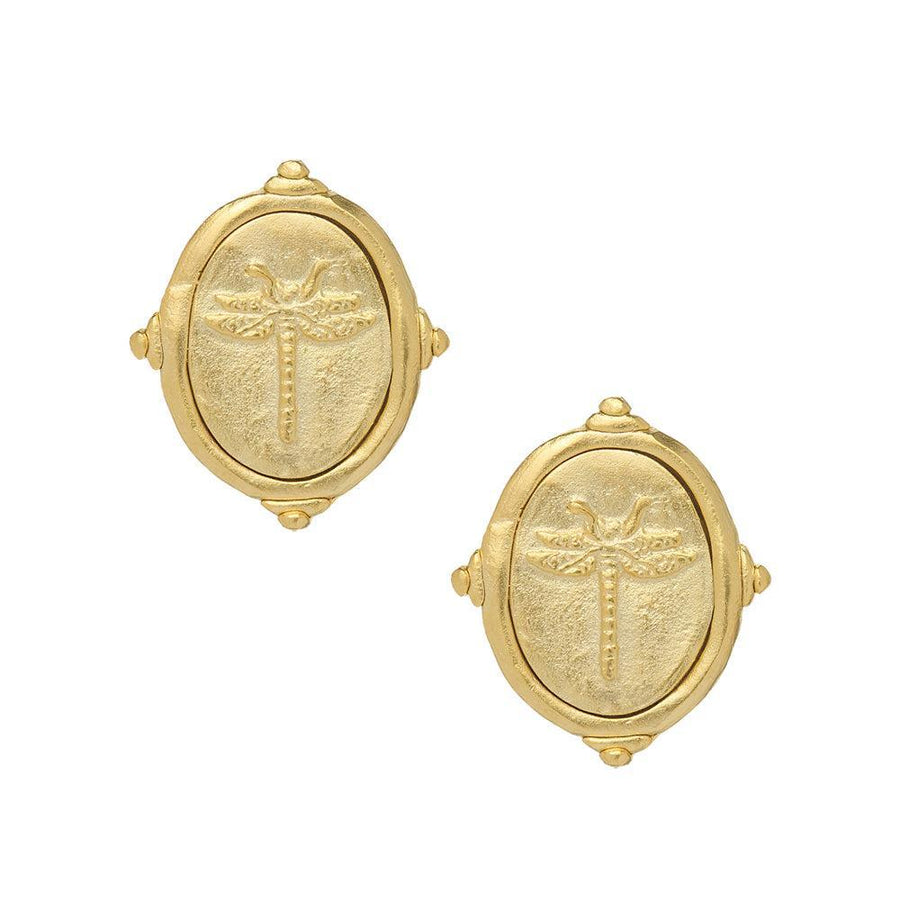 Gold Oval Dragonfly Studs: Elegant dragonfly design, textured gold finish.