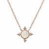 14K rose gold rainbow moonstone necklace with diamond accents.
