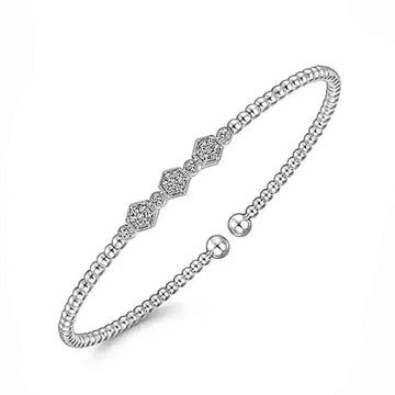 14K white gold Bujukan hexagon cluster diamond bangle bracelet with beaded design.
