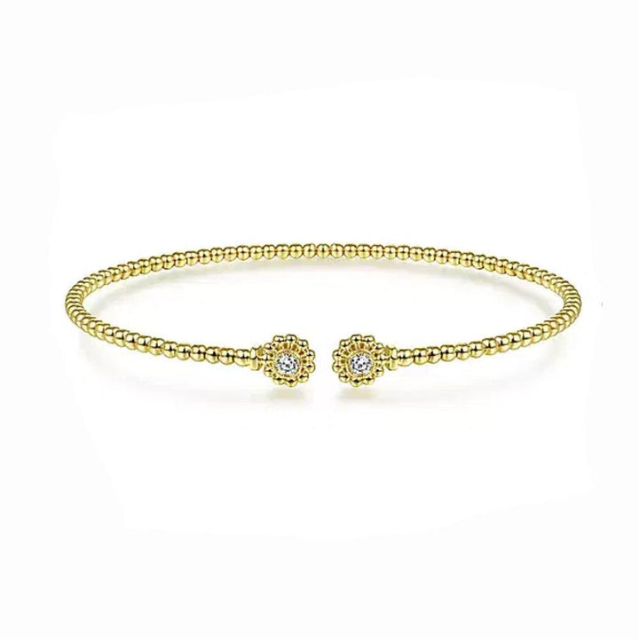 14K Yellow Gold Bujukan Split Cuff Bracelet with Diamond Flower Caps-Gabriel & Co-Swag Designer Jewelry