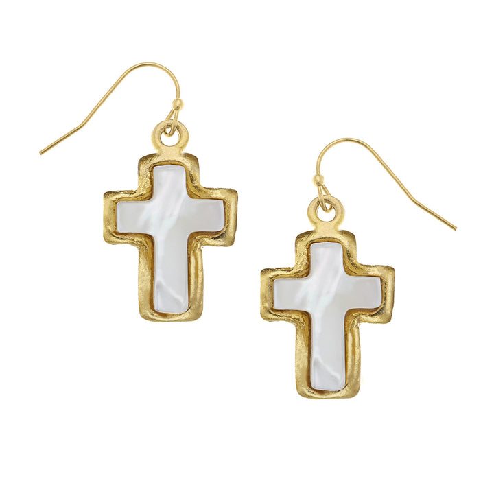 Gold-plated cross earrings featuring white mother of pearl inlay on wire hooks, 1.5 inches long.