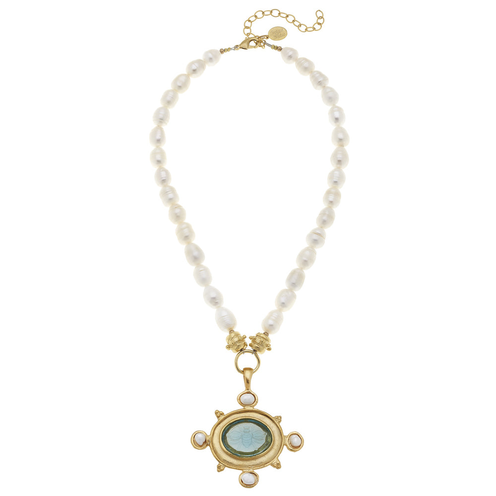 Venetian Glass Bee Intaglio Pearl Necklace