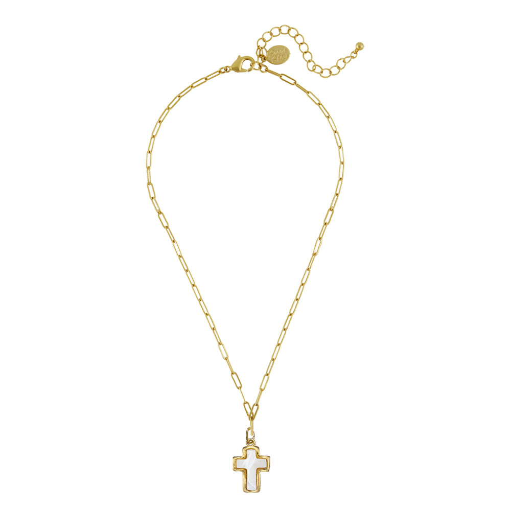 Mother of Pearl Cross on Paperclip chain