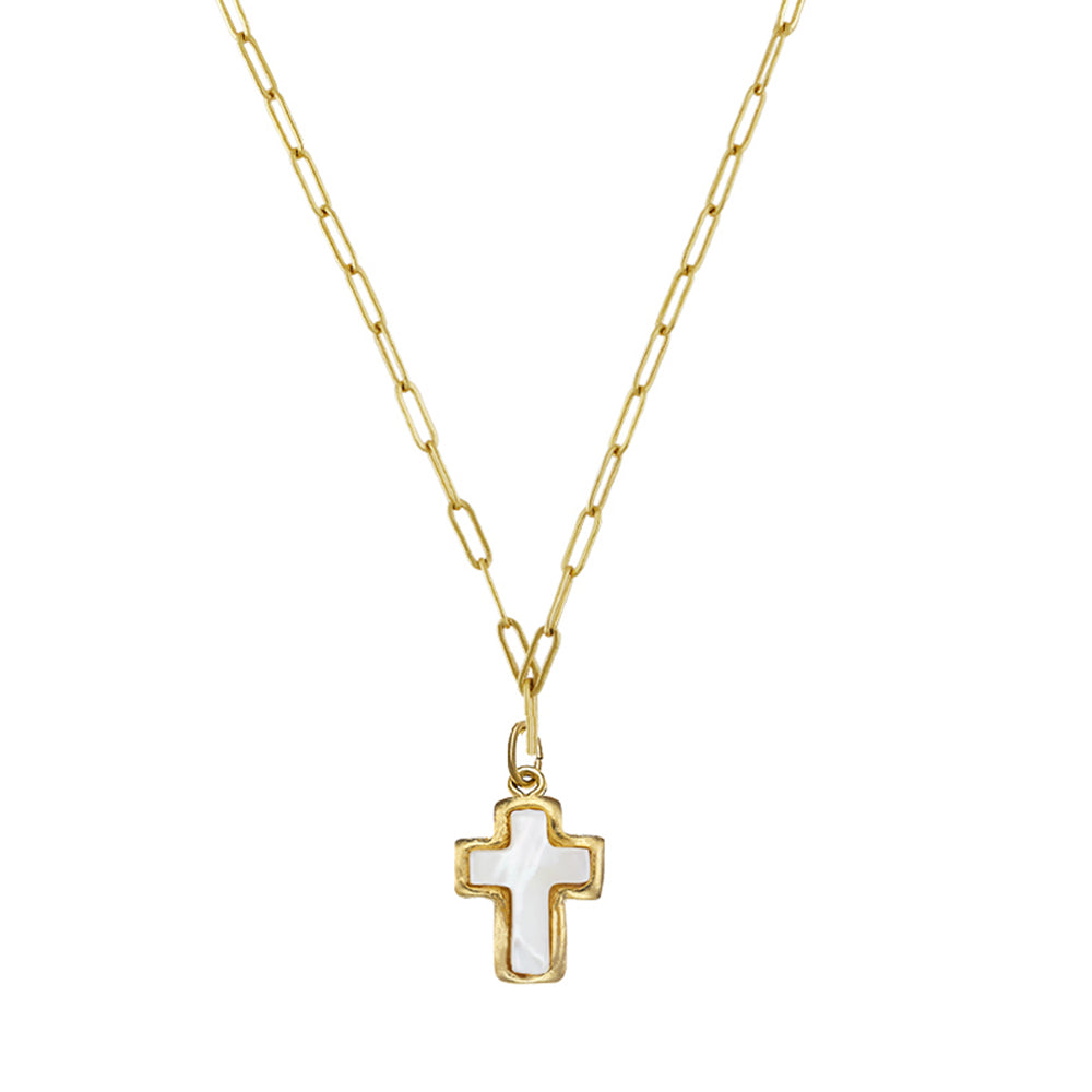 Mother of Pearl Cross on Paperclip chain