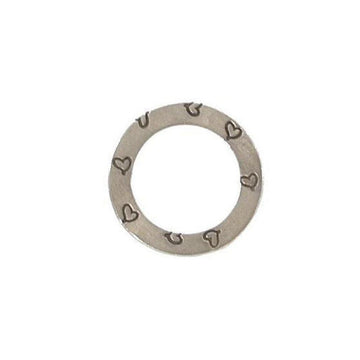 Silver charm featuring etched hearts, circular design.
