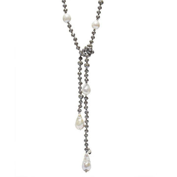 Alice Crystal Lariat necklace: Gray crystal beads & baroque pearls, elegant long design.
