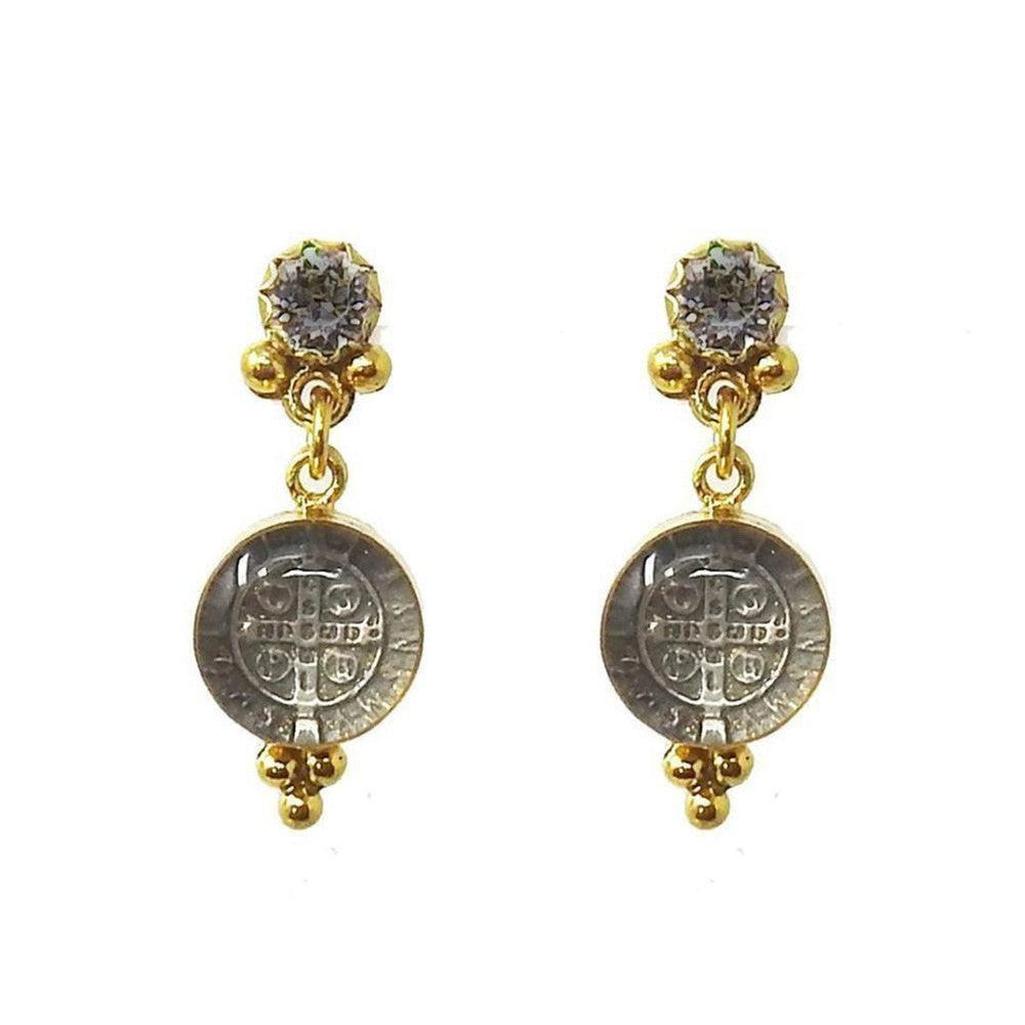 Gold drop earrings featuring clear glass medallions with silver-toned religious charms and clear cubic zirconia accents.
