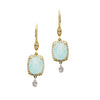 Amazonite gold drop earrings with cushion-cut gemstones and diamond accents.
