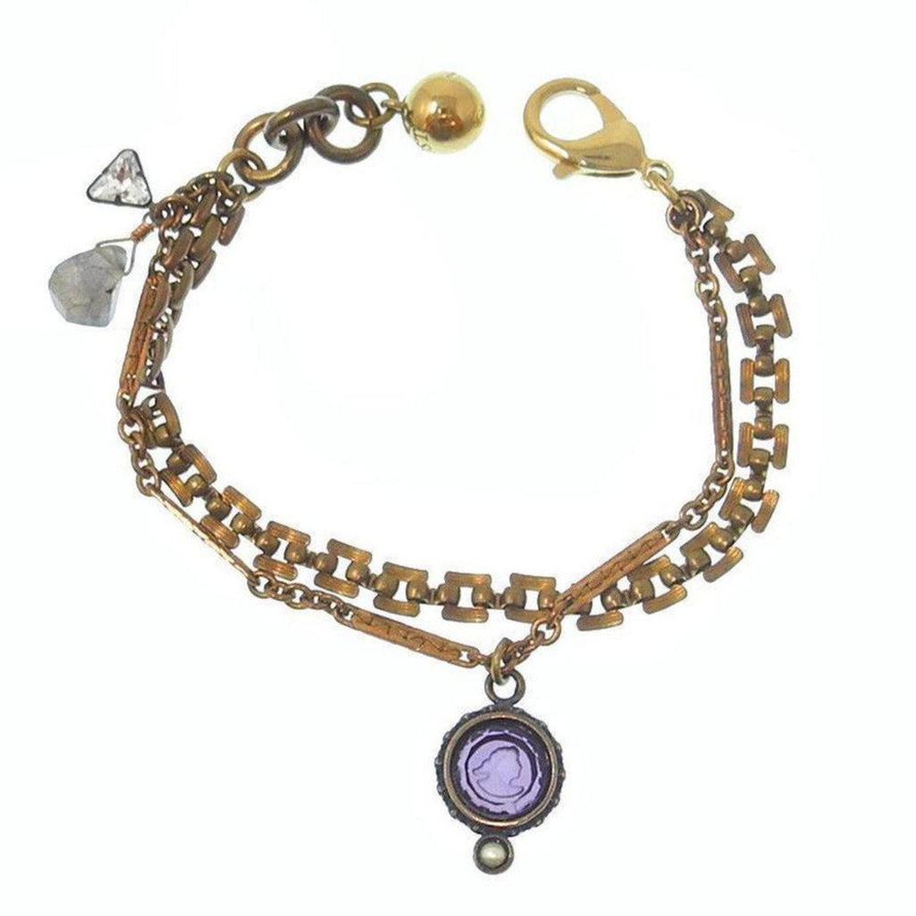 Amethyst German glass intaglio bracelet with bronze chain and gemstone accents.
