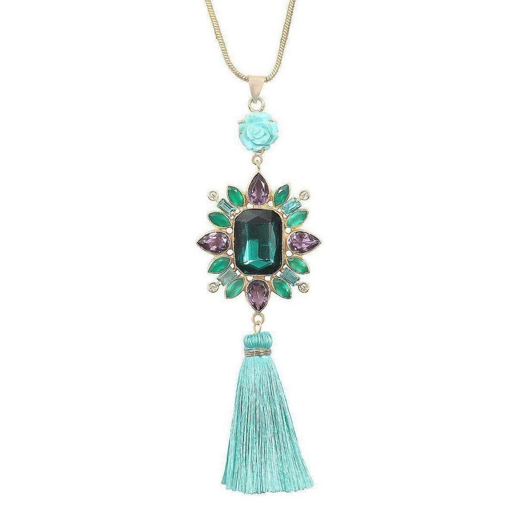 Amethyst & Turquoise Tassel Necklace:  Gold chain, large emerald green gemstone, purple & green accents, turquoise tassel.

