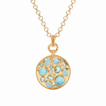 Antonia Mosaic Pendant: Gold necklace with round blue gemstone mosaic pendant.
