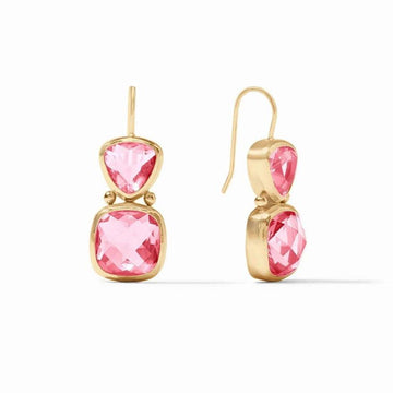 Pink gemstone drop earrings with gold accents, shown against a white background.
