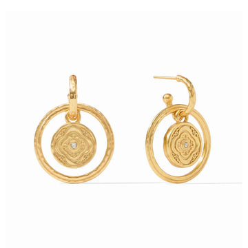 Gold hoop earrings with textured circles and ornate detailing, featuring a central stone.
