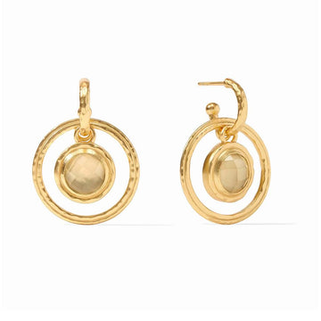 Gold hoop earrings with pale yellow gemstone accents.
