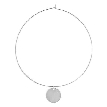 Silver wire choker necklace with a circular pendant featuring a small accent stone.
