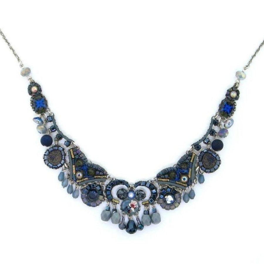 Autumn Skys necklace: Statement beaded necklace in blues and grays with silver accents.
