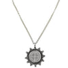 Barbara San Benito necklace, silver chain, sunburst pendant with antique medal charm.
