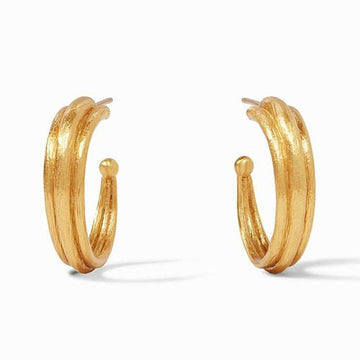Gold Barcelona Hoop earrings; textured, triple-band design.
