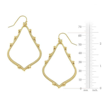 Gold teardrop dangle earrings with beaded accents, shown against a white background with size reference.
