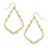 Gold beaded teardrop dangle earrings with textured detailing.
