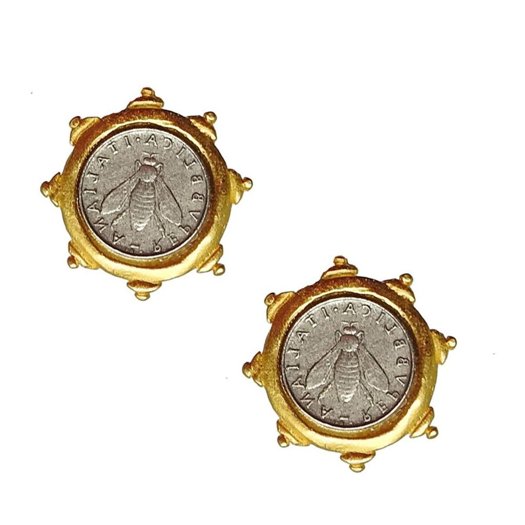 Bee Coin Stud Earrings: Gold-framed, silver bee coin design.

