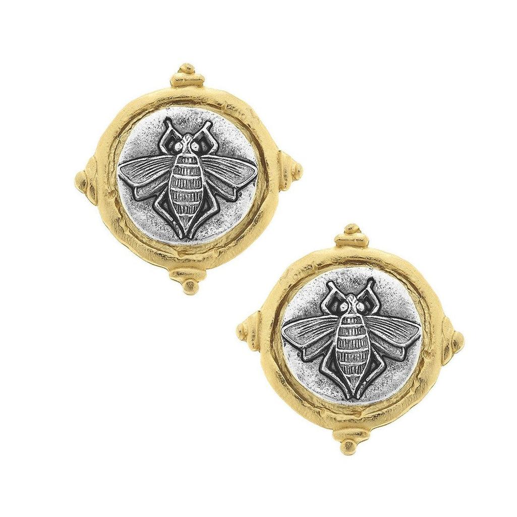 Bee Intaglio stud earrings: Silver bee design, gold-toned setting.
