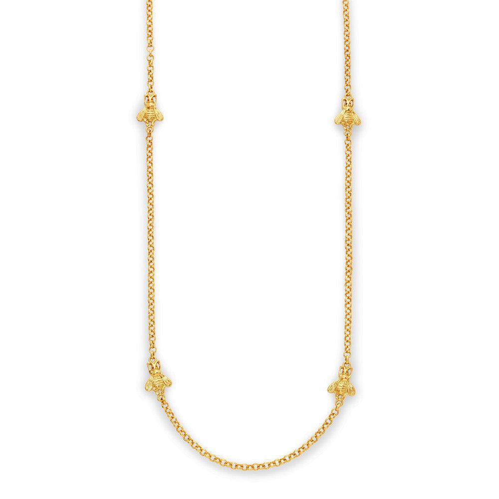 Gold Bee Station Necklace with four detailed bee charms.

