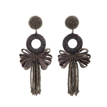 Beijing Mystic Grey earrings: Beaded & silk bow tassel statement earrings.
