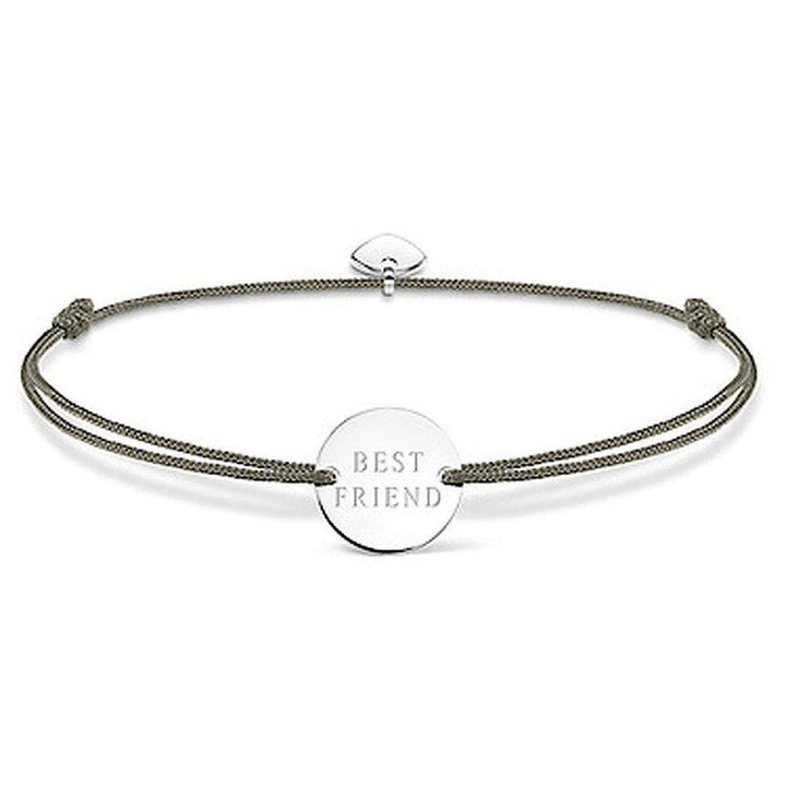 Silver disc bracelet with "Best Friend" inscription, on olive green cord.
