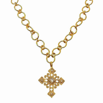 Gold chain necklace featuring a detailed cross pendant with clear stones.
