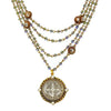 Multi-strand necklace featuring iridescent black diamond shimmer, St. Jude medal pendant, and crystal accents.
