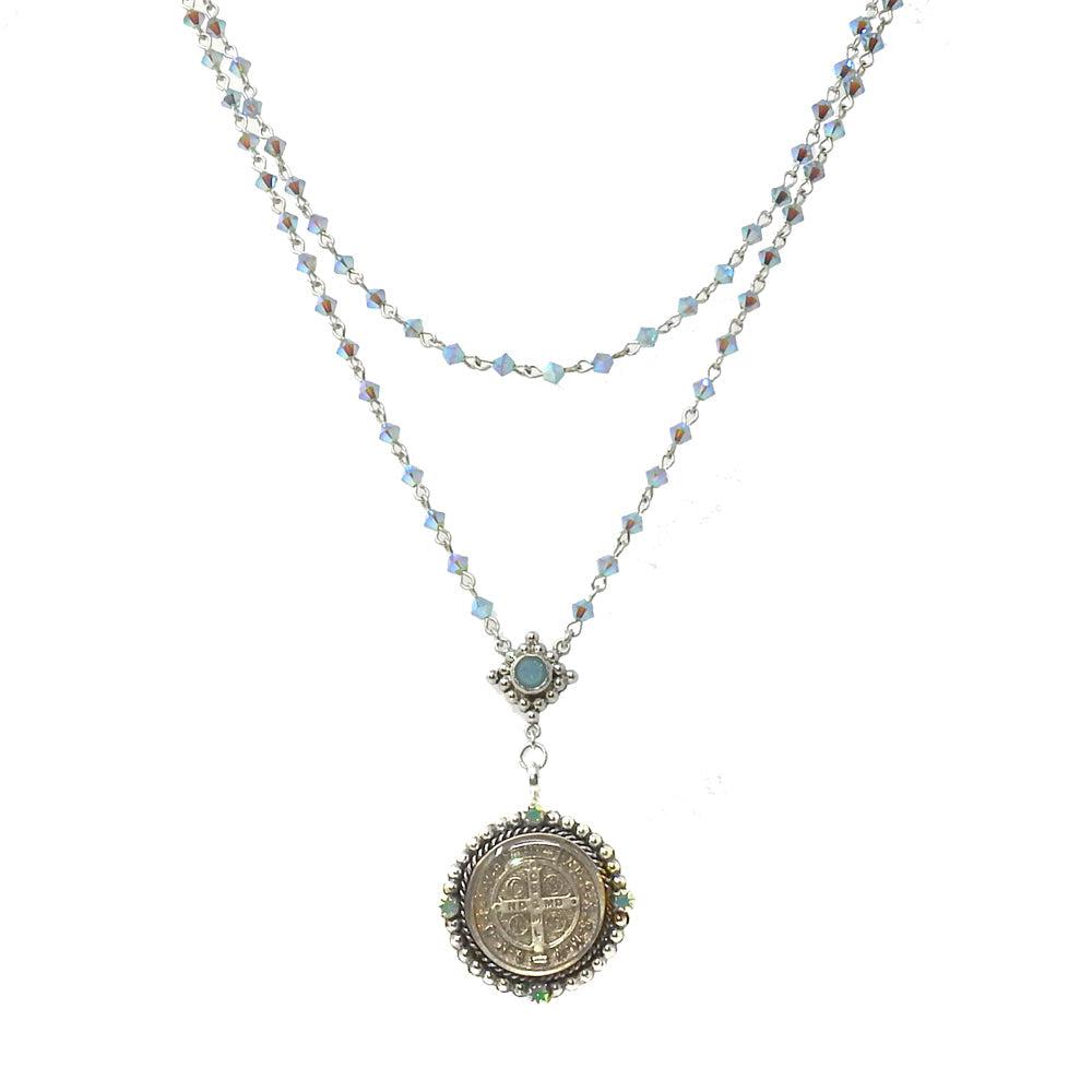 Double strand San Benito rosary necklace, Pacific Opal bicone crystals, sterling silver.
