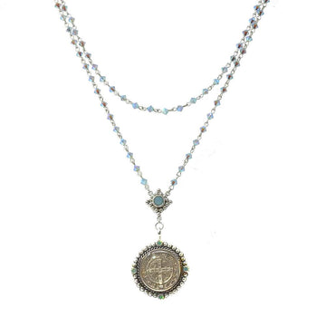 Double strand San Benito rosary necklace, Pacific Opal bicone crystals, sterling silver.

