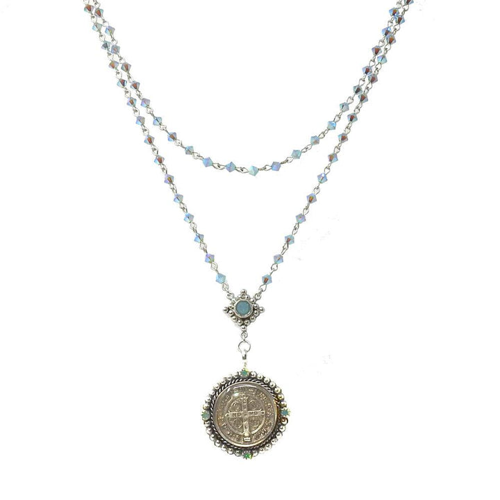 Double strand San Benito rosary necklace, Pacific Opal bicone crystals, sterling silver.
