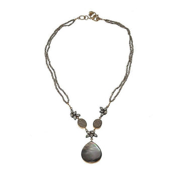 Elegant teardrop necklace with mother-of-pearl pendant and gray beaded chain.
