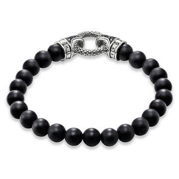 Black onyx beaded bracelet with a silver clasp.

