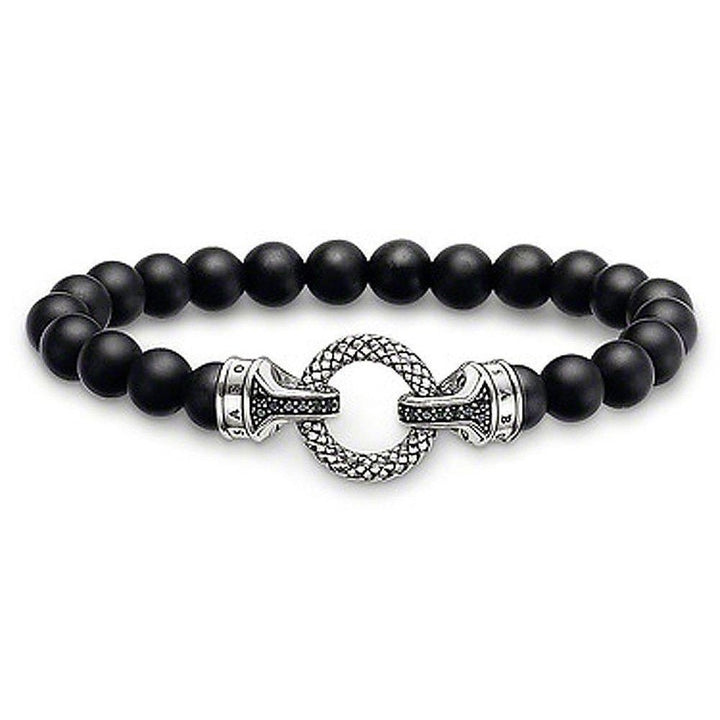 Black onyx bead bracelet with sterling silver clasp; men's fashion jewelry.
