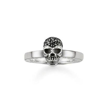 Black skull ring, size 7, featuring black cubic zirconia accents.
