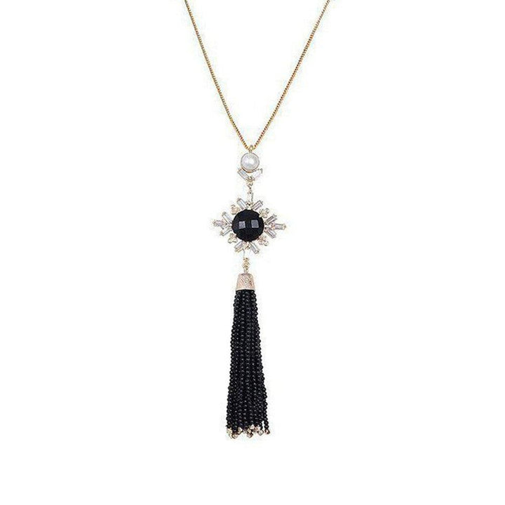 Black onyx and Pearl Tassel Necklace-Atelier Mon-Swag Designer Jewelry